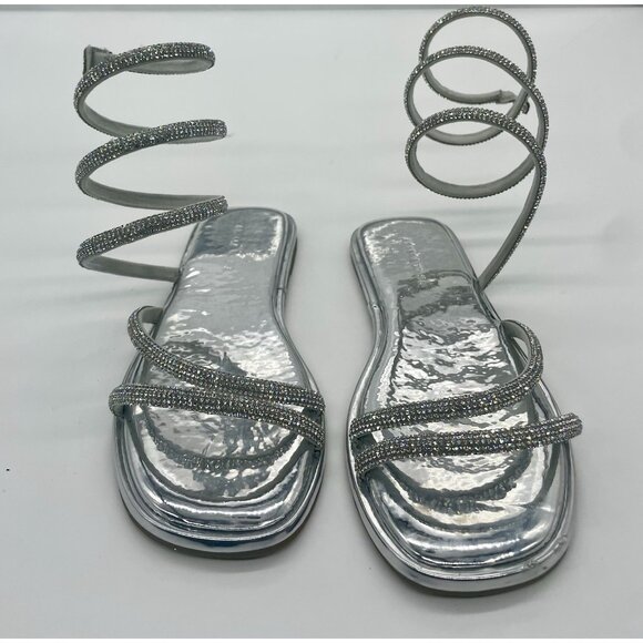 Azalea Wang Silver Rhinestone Ankle Wrap Strappy Sandals Women's Sz 7 Gladiator - Picture 3 of 5